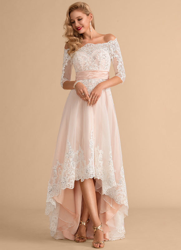 Robe Asymétrique Dentelle Rose Pâle - gallery 4