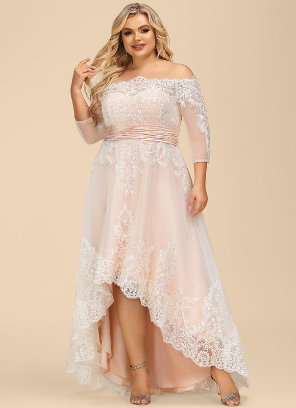Robe Asymétrique Dentelle Rose Pâle - gallery 7