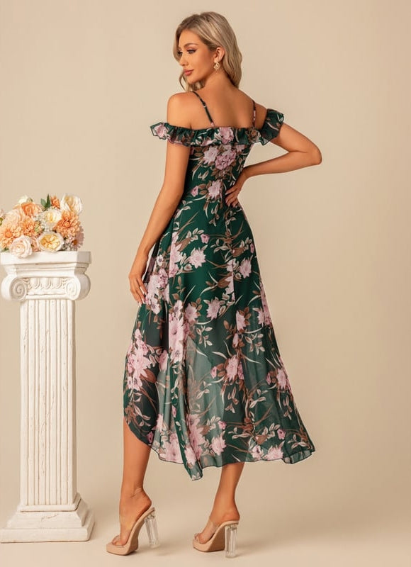Robe Asymétrique Florale Verte À Volants - gallery 5