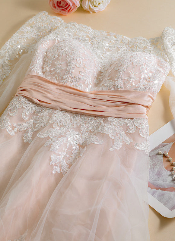 Robe Asymétrique Dentelle Rose Pâle - gallery 3