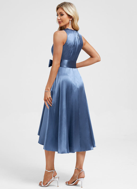 Robe Asymétrique Satin Bleu Nuit - gallery 6
