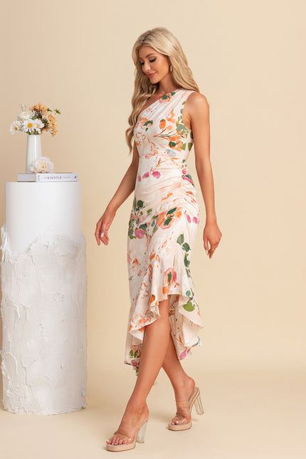Robe Asymétrique Sirène Florale Satinée - gallery 1