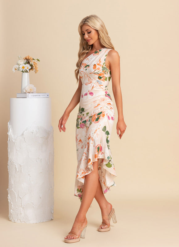 Robe Asymétrique Sirène Florale Satinée - gallery 1