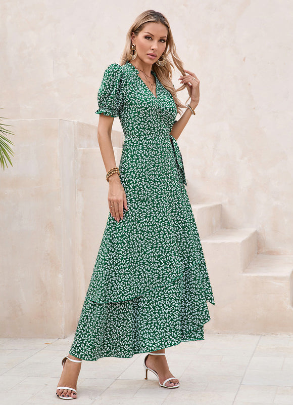 Robe Asymétrique Verte Maxi Fleuri - gallery 3