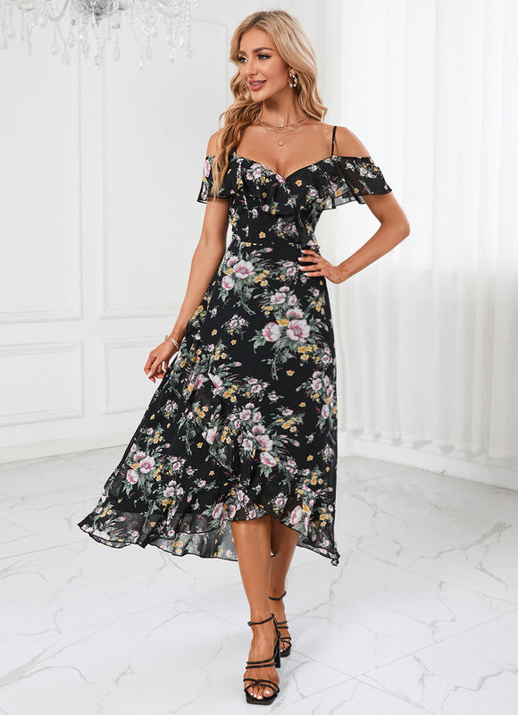 Robe Asymétrique Noire Fleuri - gallery 1