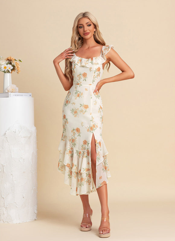 Robe Asymétrique Créme À Volants