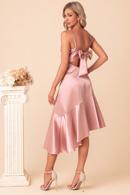 Robe Asymétrique Satin Rose Élégant - gallery 5