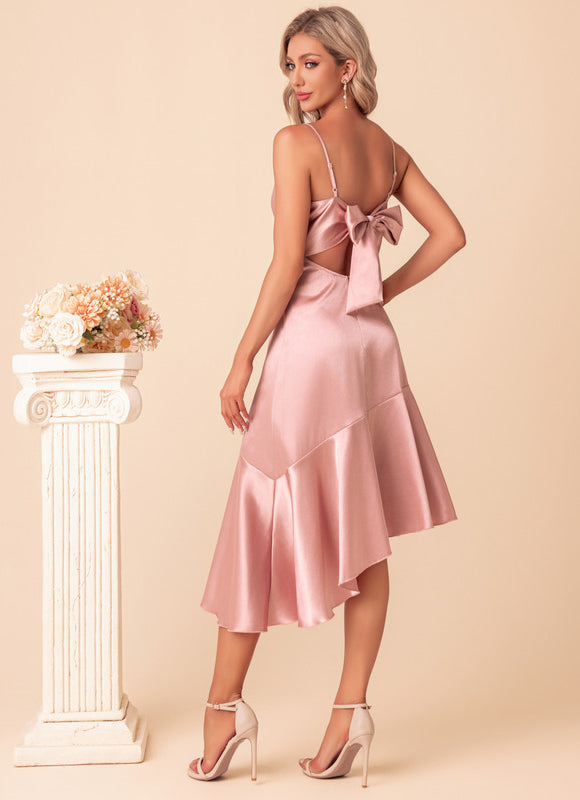 Robe Asymétrique Satin Rose Élégant - gallery 5