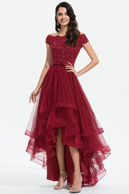 Robe Asymétrique Bordeaux En Tulle - gallery 2