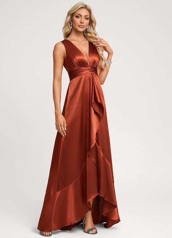 Robe Asymétrique Satin Bleu Volants
