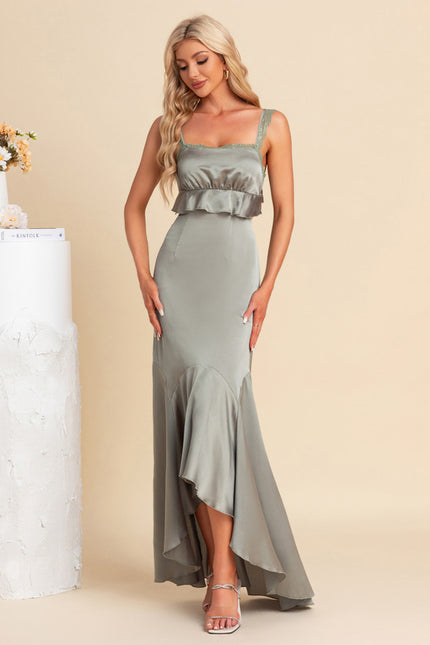 Robe Asymétrique Satinée Sage - gallery 1