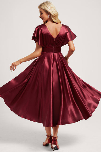 Robe Asymétrique Satinée Bordeaux Volants - gallery 4