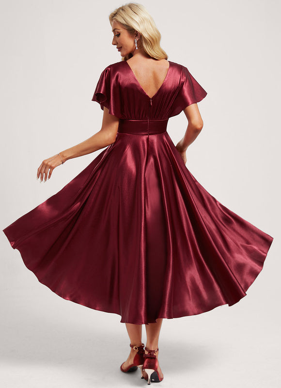 Robe Asymétrique Satinée Bordeaux Volants - gallery 4