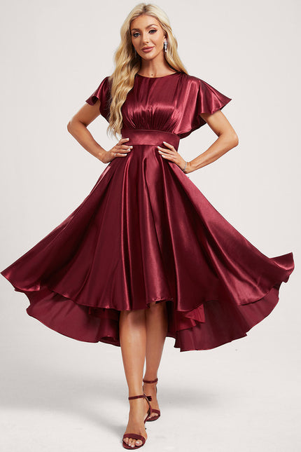 Robe Asymétrique Satinée Bordeaux Volants