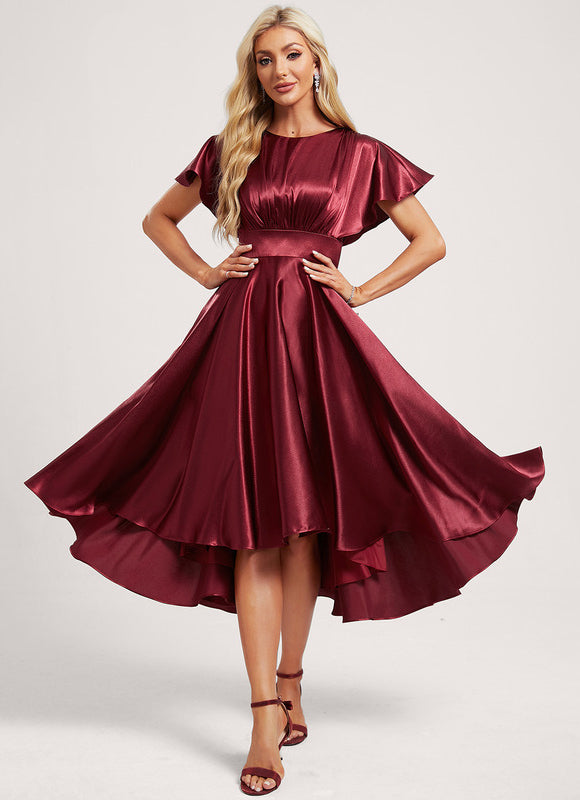 Robe Asymétrique Satinée Bordeaux Volants