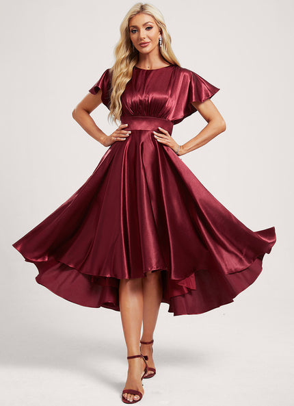 Robe Asymétrique Satinée Bordeaux Volants