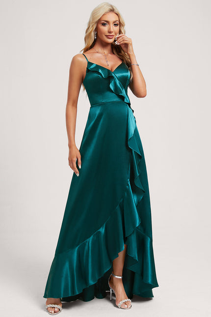 Robe Asymétrique Satin Bleu Volants - gallery 2