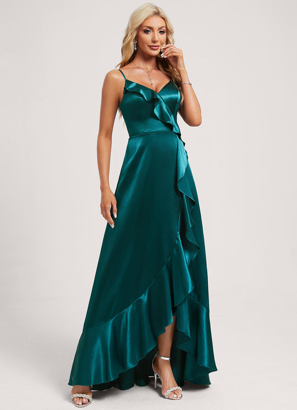 Robe Asymétrique Satin Bleu Volants - gallery 2