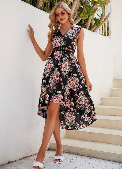 Robe Asymétrique Fleurie Noir