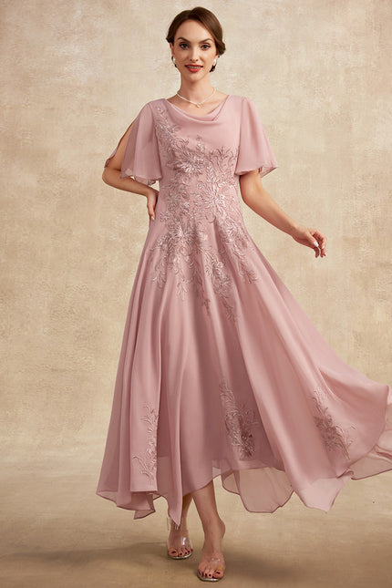 Robe Asymétrique Fluide Rose Brodée