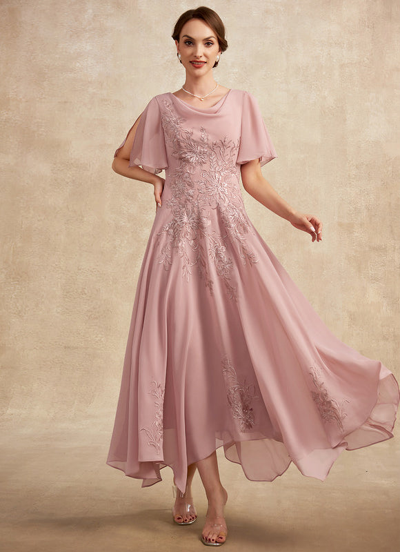 Robe Asymétrique Fluide Rose Brodée