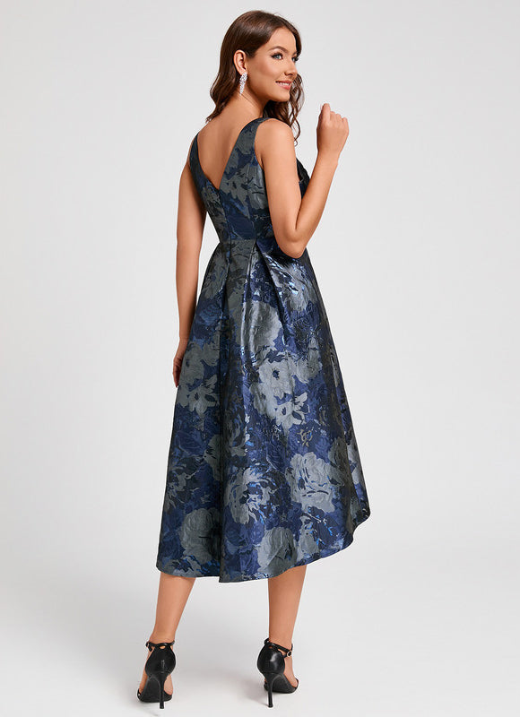 Robe Asymétrique Florale Satinée Bleu - gallery 6