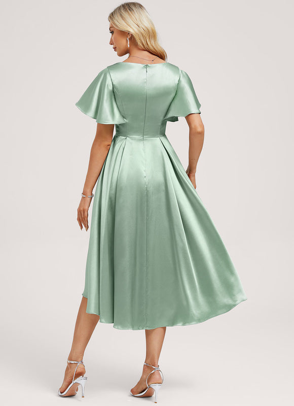 Robe Asymétrique Satin Bleu Volants - gallery 4