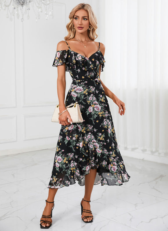 Robe Asymétrique Noire Fleuri