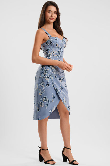 Robe Asymétrique Bleue Fleuri Ajustée - gallery 4