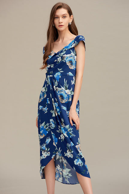 Robe Asymétrique Florale Marine