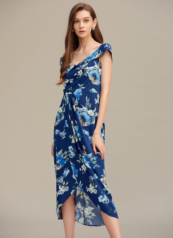 Robe Asymétrique Florale Marine