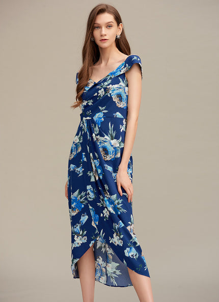 Robe Asymétrique Florale Marine