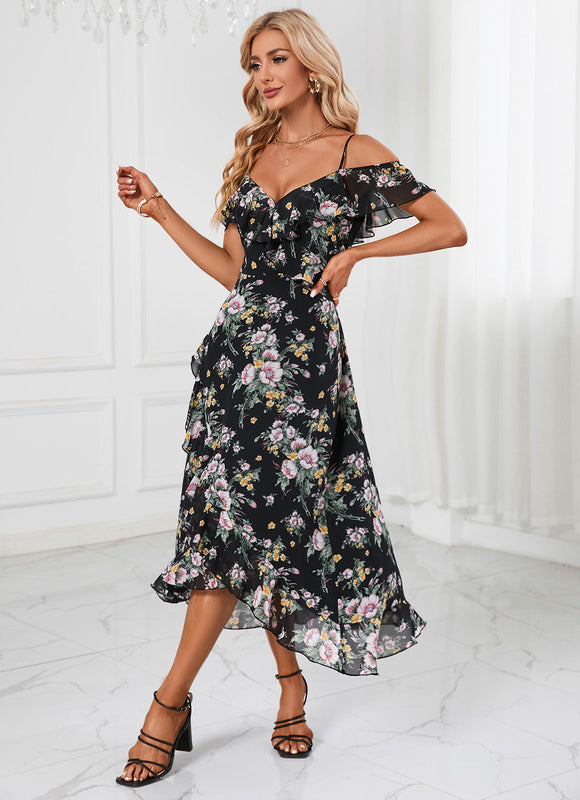 Robe Asymétrique Noire Fleuri - gallery 3