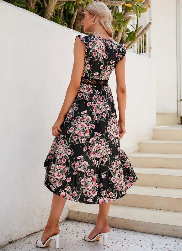 Robe Asymétrique Fleurie Noir - gallery 4