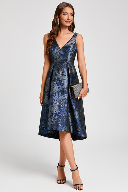 Robe Asymétrique Florale Satinée Bleu - gallery 2