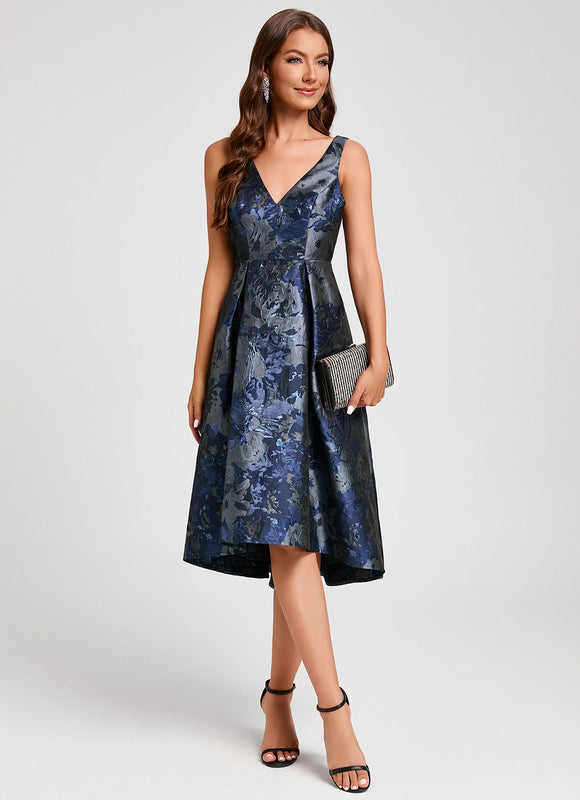 Robe Asymétrique Florale Satinée Bleu - gallery 2