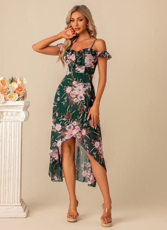 Robe Asymétrique Florale Verte - gallery 3