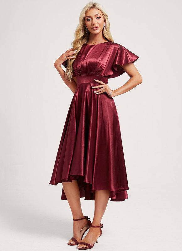 Robe Asymétrique Satinée Bordeaux Volants - gallery 2