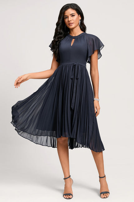 Robe Asymétrique Plissée Bleu Marine