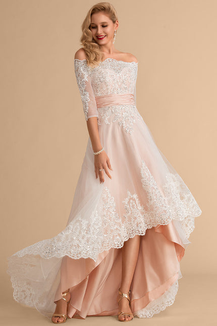 Robe Asymétrique Dentelle Rose Pâle