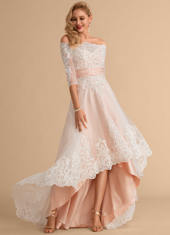 Robe Asymétrique Dentelle Rose Pâle
