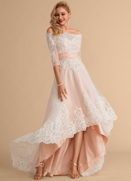 Robe Asymétrique Dentelle Rose Pâle