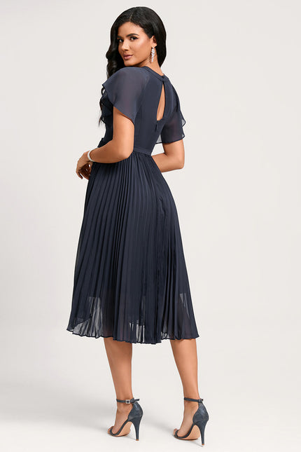 Robe Asymétrique Plissée Bleu Marine - gallery 4