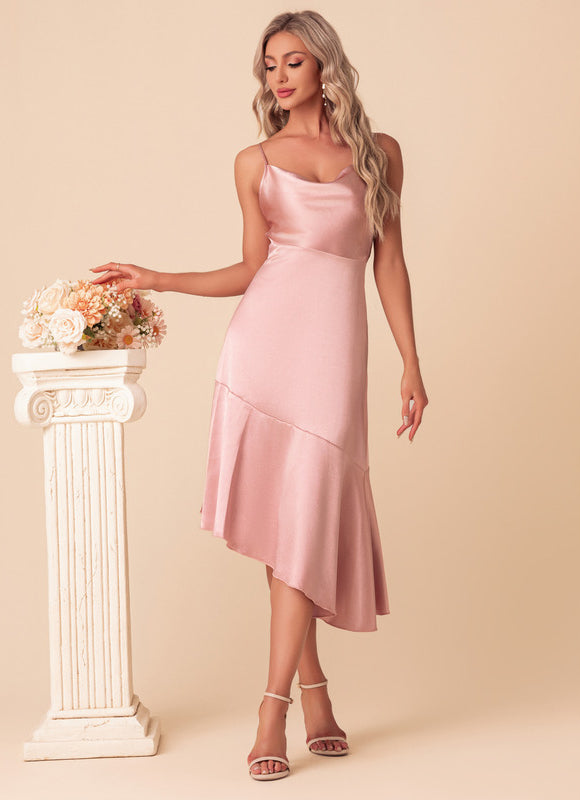 Robe Asymétrique Satin Rose Élégant - gallery 1
