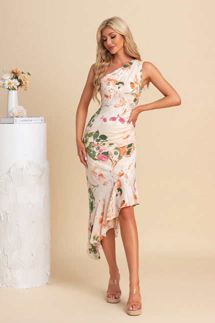 Robe Asymétrique Sirène Florale Satinée