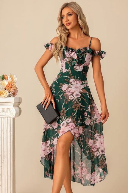 Robe Asymétrique Florale Verte À Volants - gallery 4