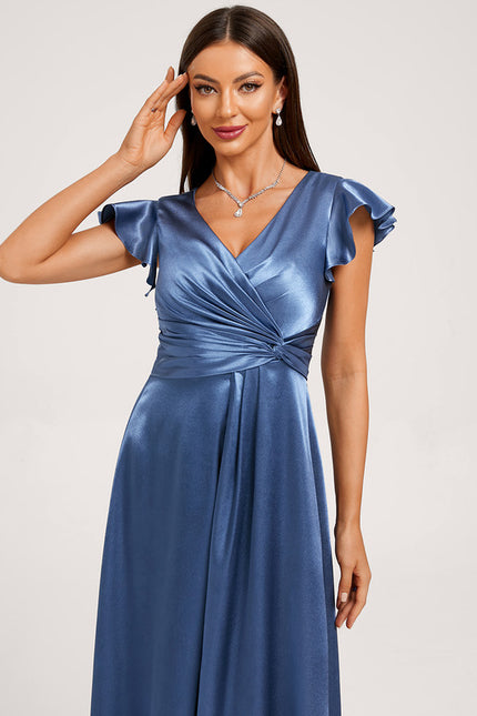 Robe Asymétrique Satin Bleu Volants - gallery 3