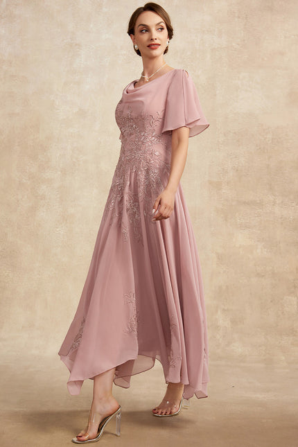 Robe Asymétrique Fluide Rose Brodée - gallery 2