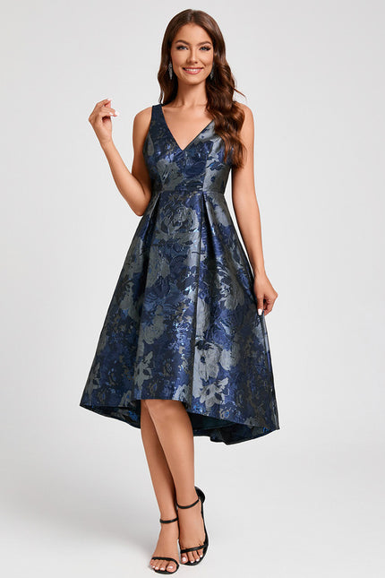 Robe Asymétrique Florale Satinée Bleu - gallery 4
