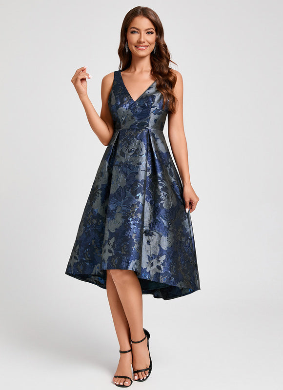 Robe Asymétrique Florale Satinée Bleu - gallery 4
